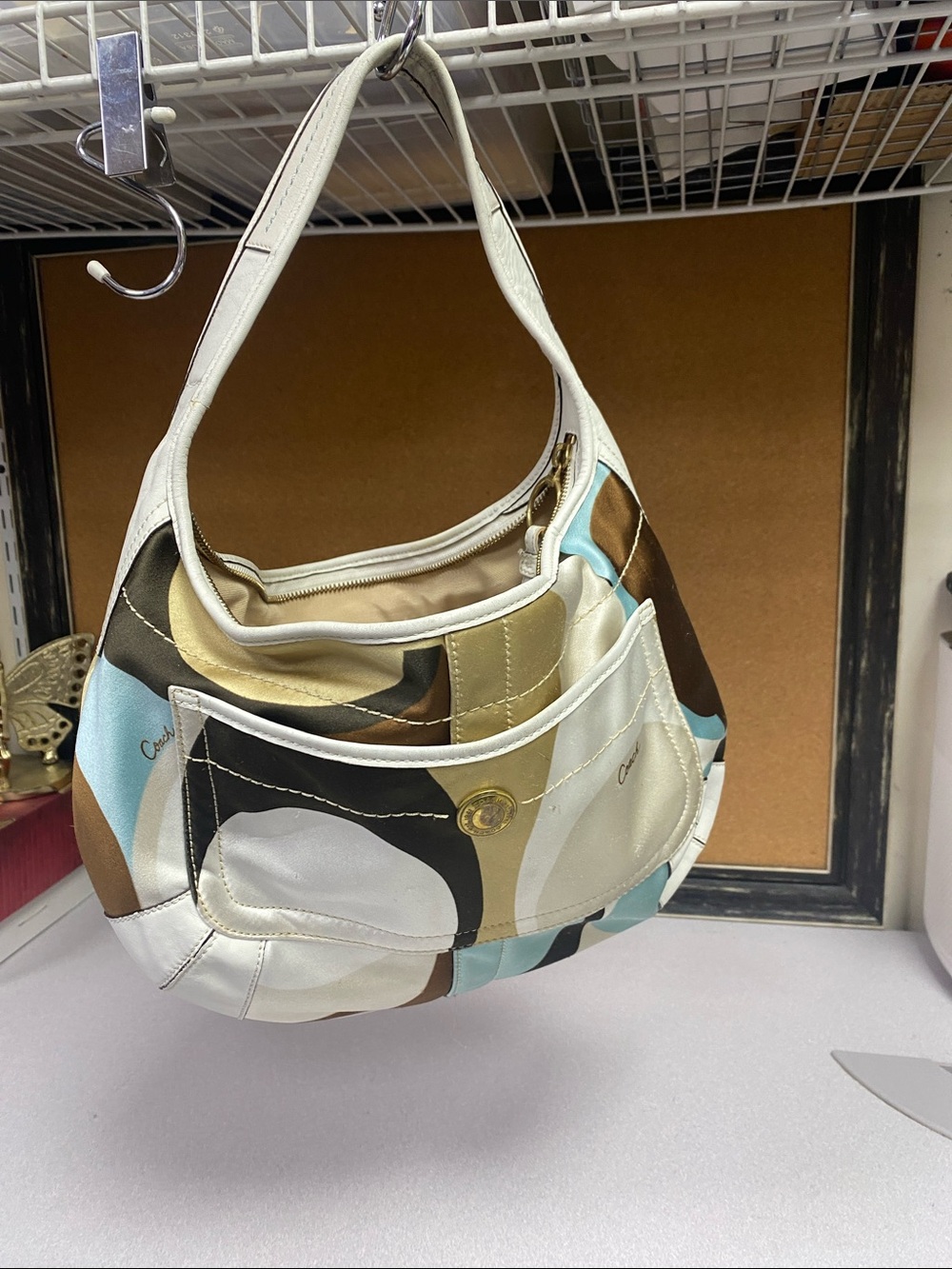 Coach Multi-Color Patterned Shoulder Bag in Cream, Brown & Blue
